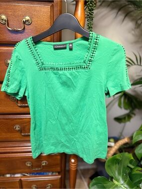 Rafaella  Kelly Green 100% Cotton Lace-Trim Square Neck Top- M